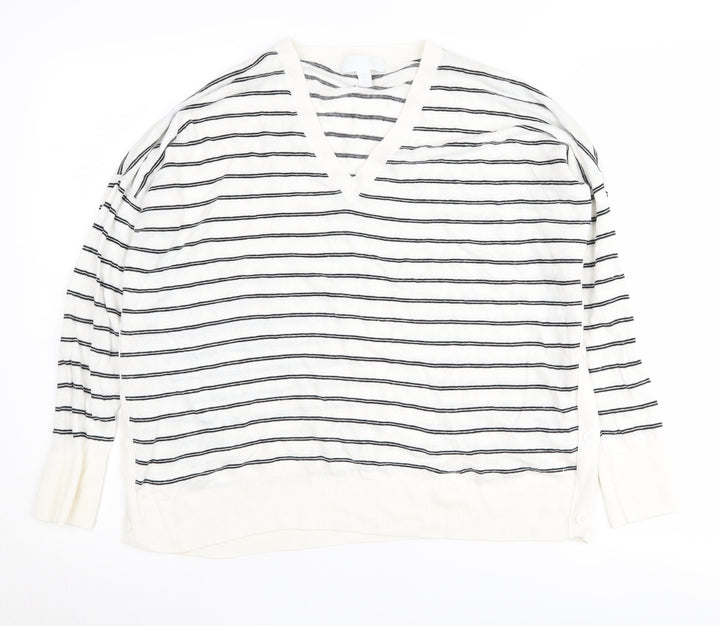 White Label Women's White Striped V-Neck Pullover Jumper Size 16