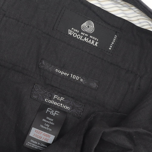 F&F Men's Grey Dress Pants, Size L, 100% Wool