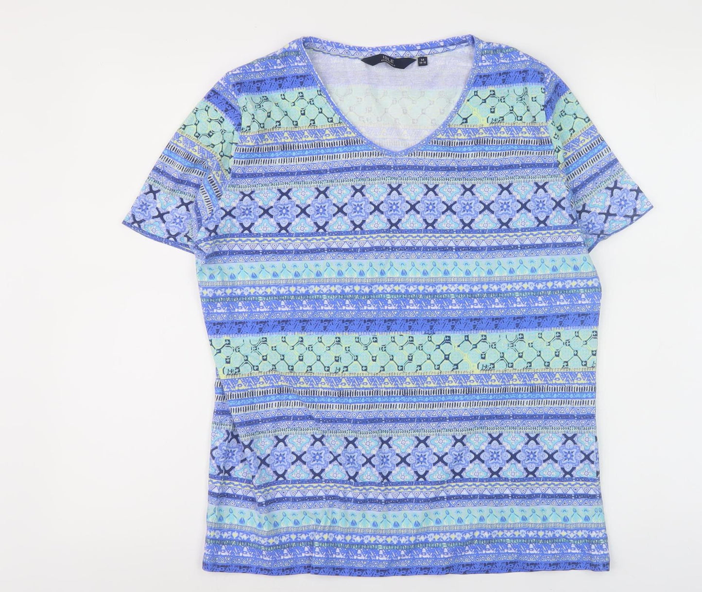 Isle Essentials Women's Blue Geometric V-Neck T-Shirt Size M