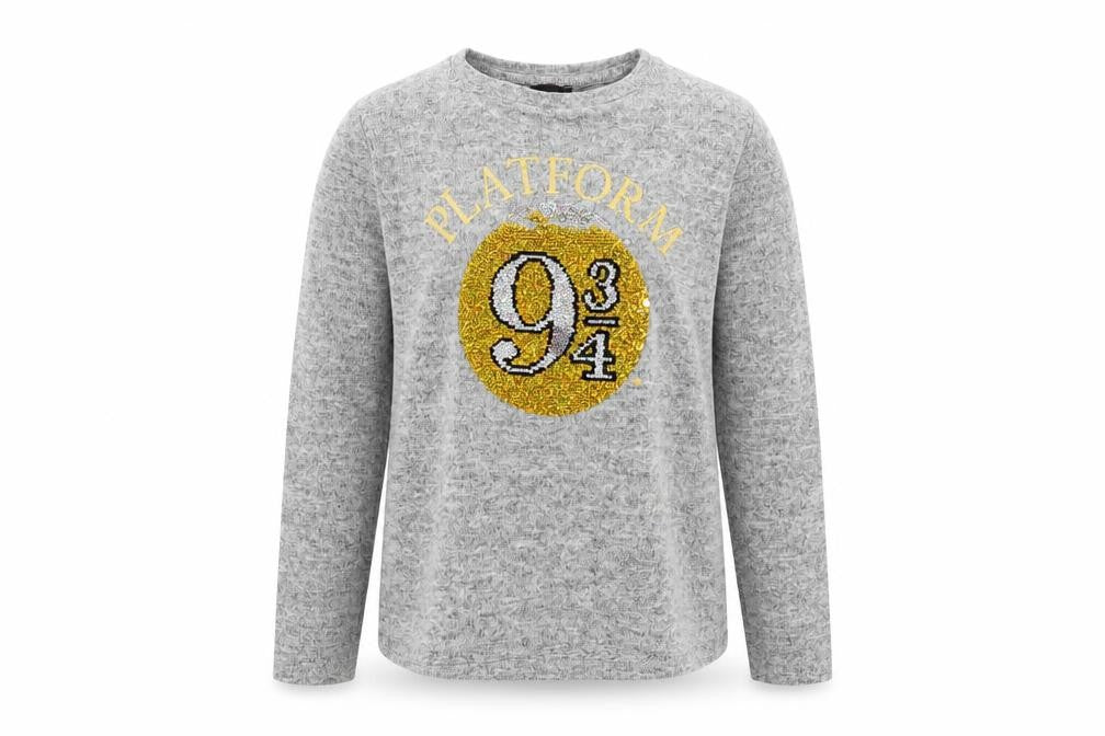 Front view of Harry Potter girls’ grey sequin long sleeve pullover top 9-10 years