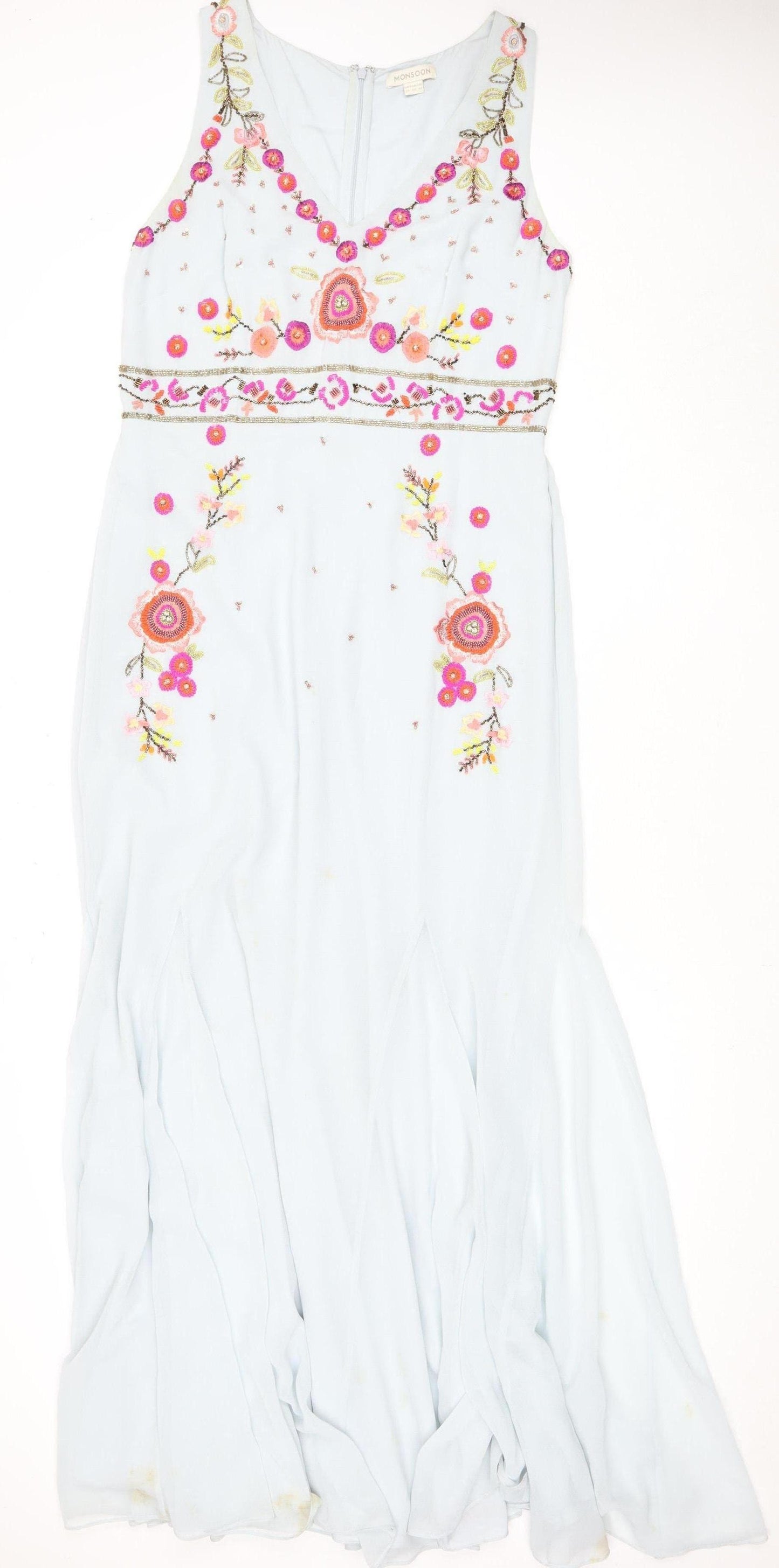 Monsoon Women's Blue Maxi Dress Size 14 Embroidered