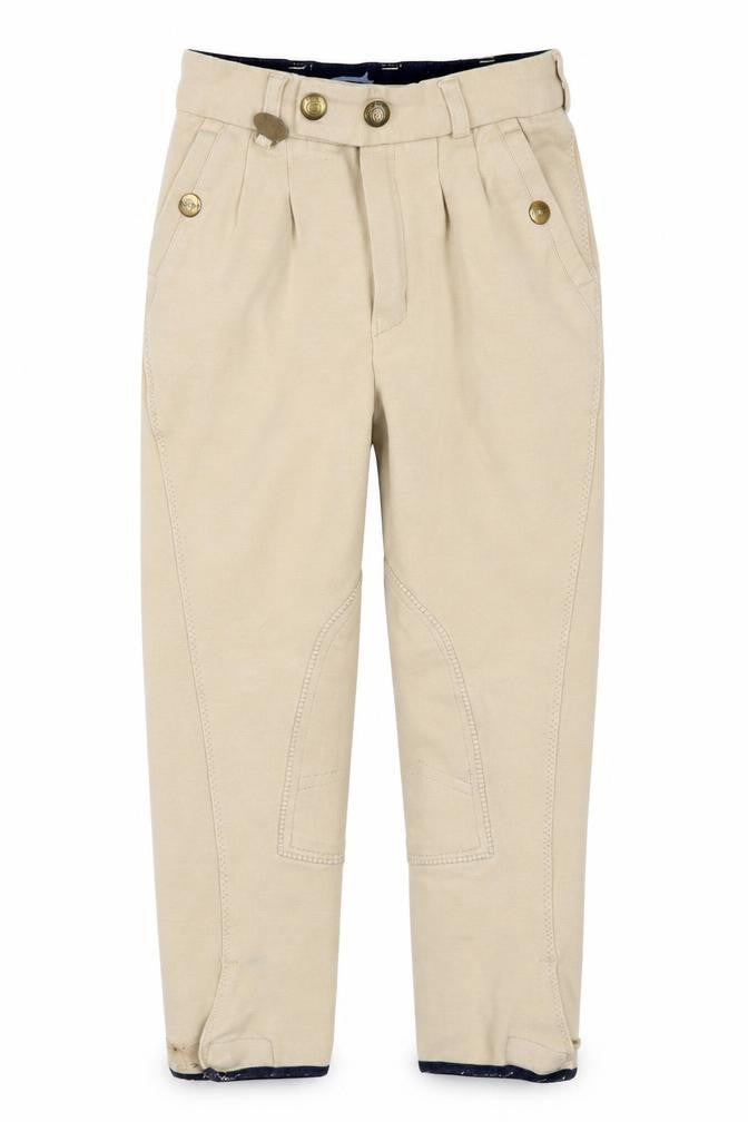 Front view of Equetech boys’ beige cotton trousers, size 22, with button closure