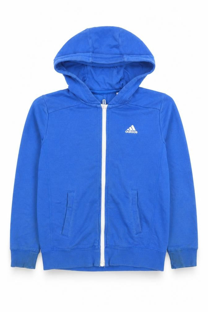 Front view of Adidas boys’ blue full zip hoodie, size 9-10, years