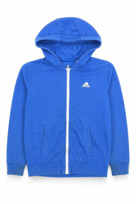 Front view of Adidas boys’ blue full zip hoodie, size 9-10, years