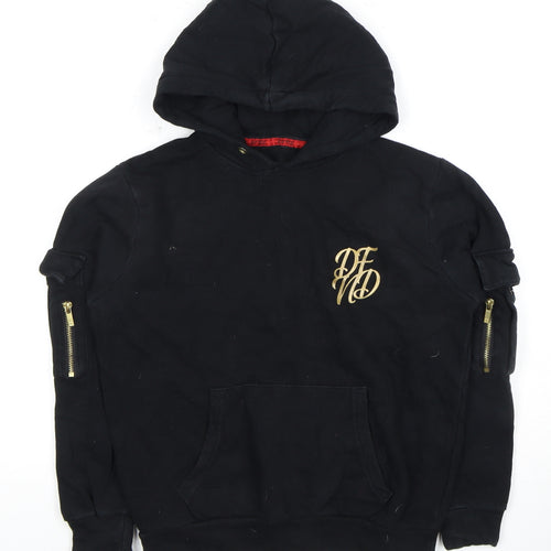 Boys DFND Black Pullover Hoodie with Logo and Zipper Accents, Size 12