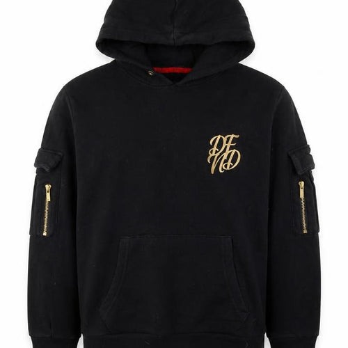 Boys DFND Black Pullover Hoodie with Logo and Zipper Accents, Size 12