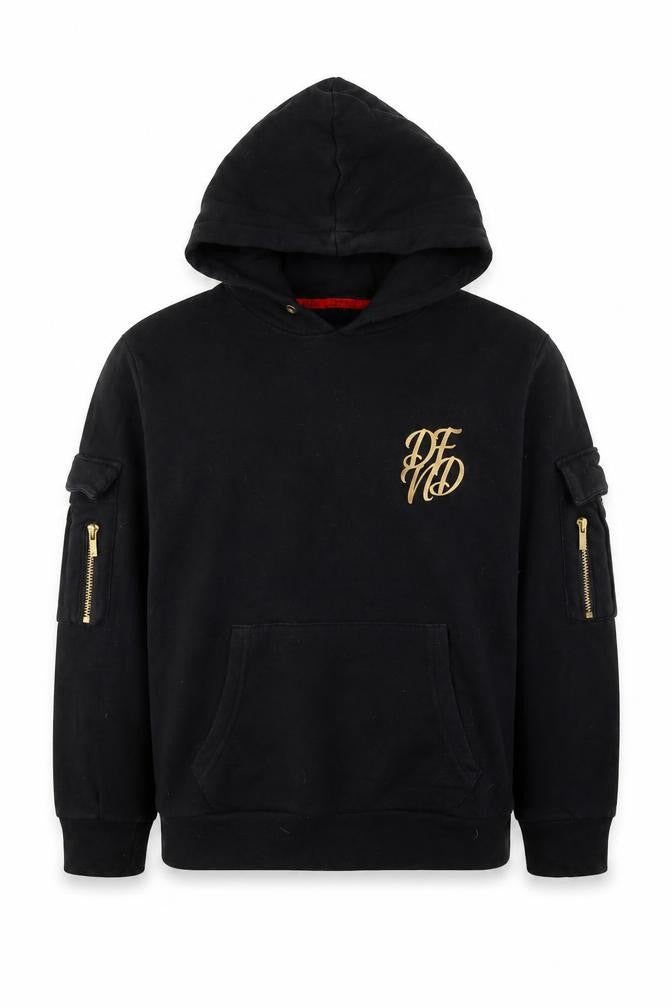 Boys DFND Black Pullover Hoodie with Logo and Zipper Accents, Size 12