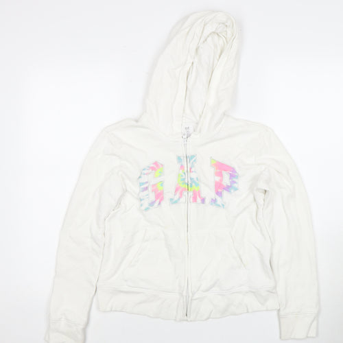 GAP Girls White Full Zip Hoodie - Size 14-16 Years, Logo Accent
