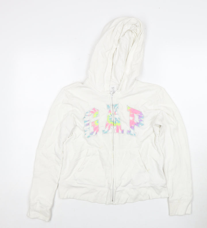 GAP Girls White Full Zip Hoodie - Size 14-16 Years, Logo Accent