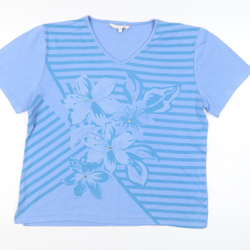 Lakeland Women's Blue Floral V-Neck T-Shirt, Size L