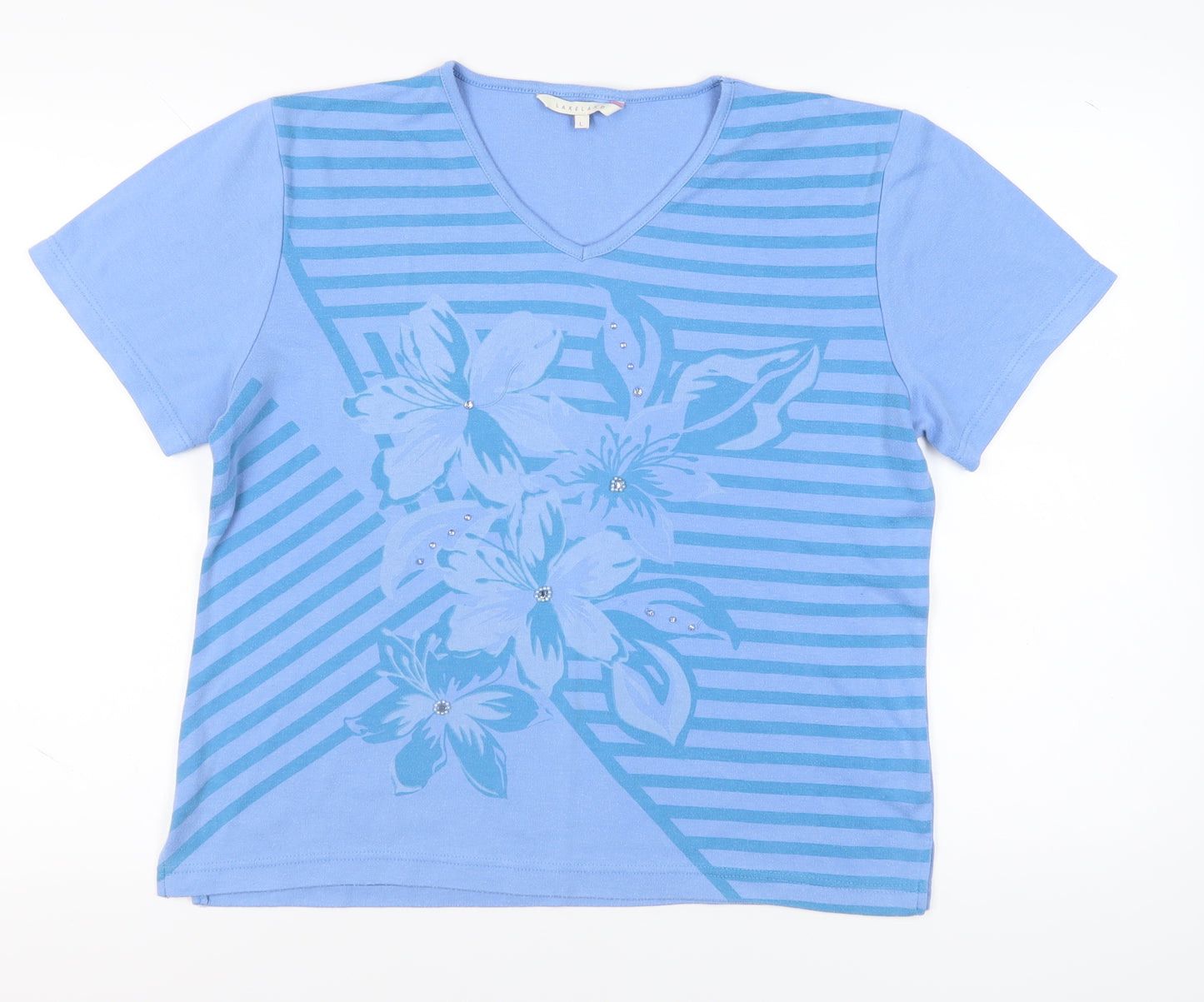 Lakeland Women's Blue Floral V-Neck T-Shirt, Size L