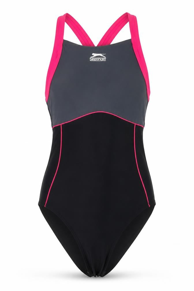 Front view of Slazenger Women's Black One Piece Swimsuit, size 6, Stretchy