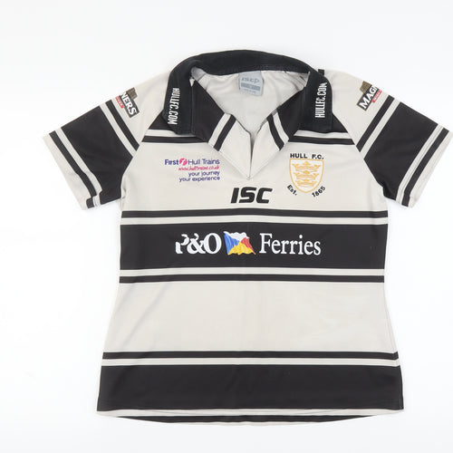ISC Women's Black Polo Shirt, Size 12, Stripe Pattern