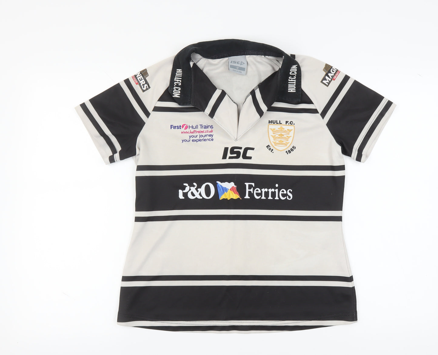 ISC Women's Black Polo Shirt, Size 12, Stripe Pattern