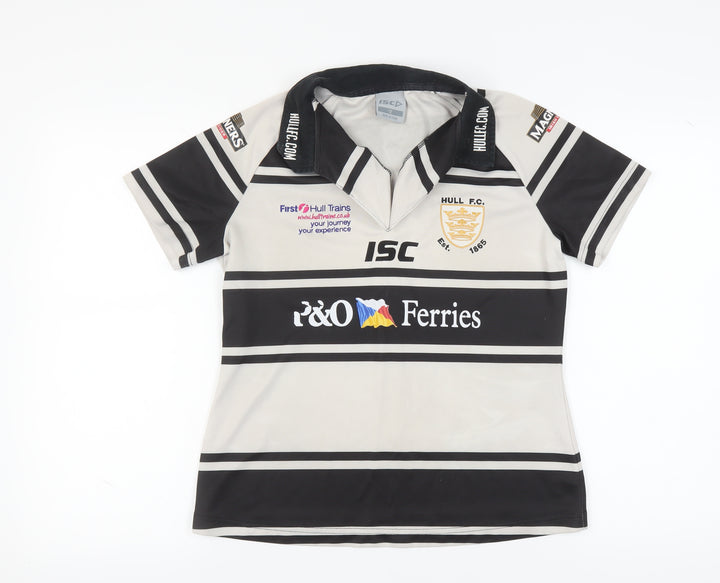 ISC Women's Black Polo Shirt, Size 12, Stripe Pattern