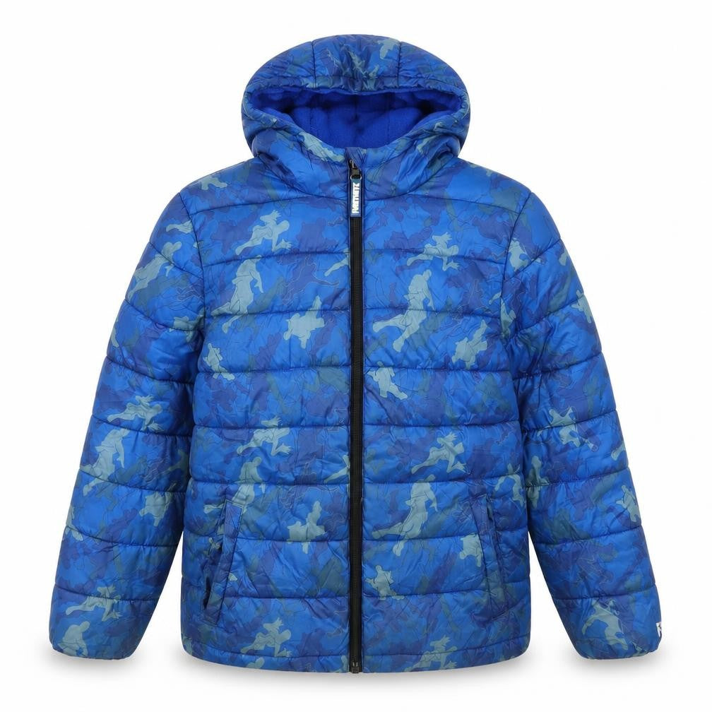 Front view of Fortnite boys’ blue camouflage puffer jacket 12-13 years