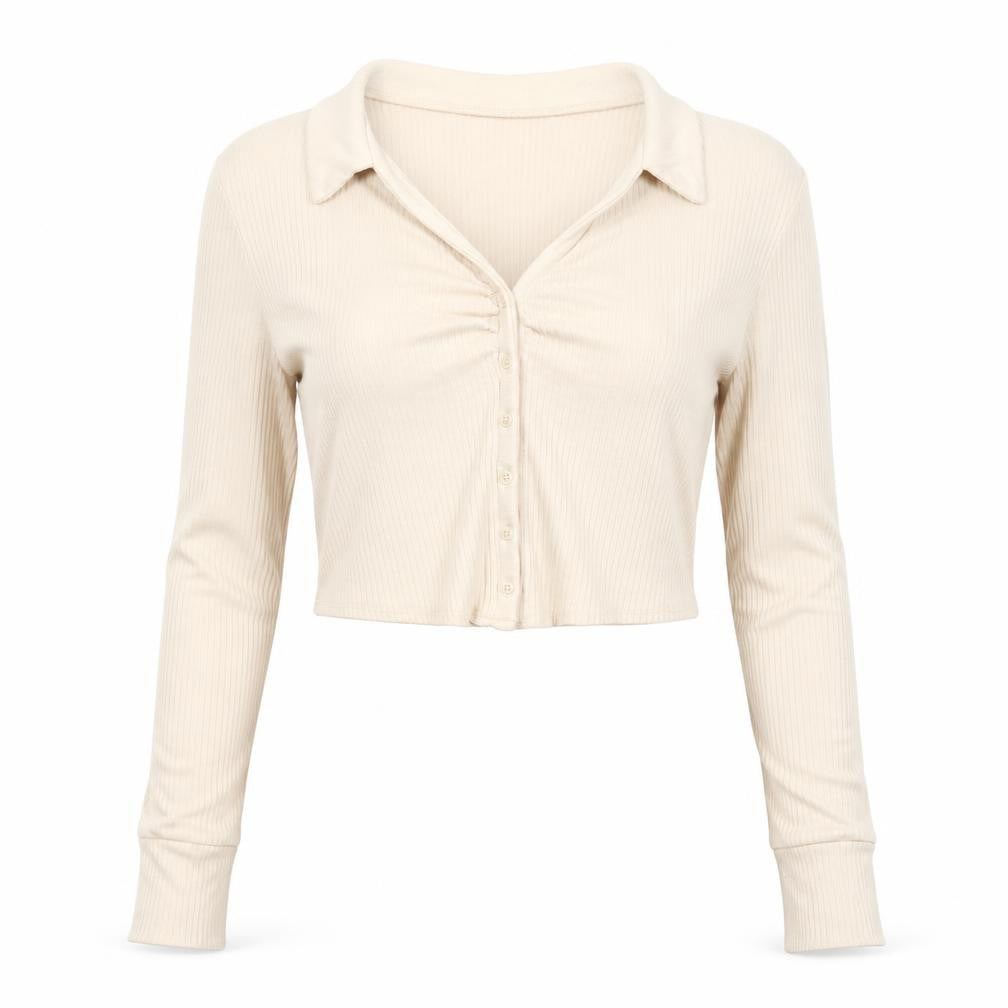 Front view of Out From Under Women's Beige XL Cropped Button-Up Top