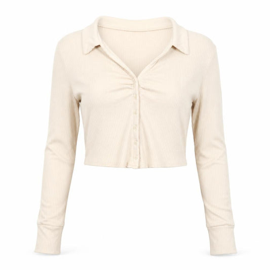 Front view of Out From Under Women's Beige XL Cropped Button-Up Top