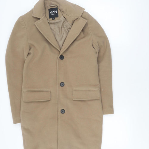 boohooMAN Men Beige Mid-Length Overcoat XS