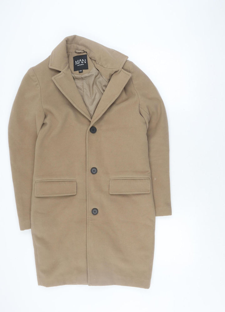 boohooMAN Men Beige Mid-Length Overcoat XS