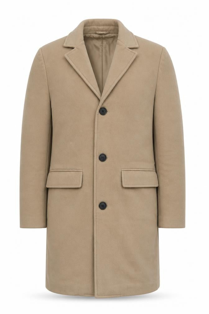 Front view of boohooMAN Men Beige Mid-Length Overcoat XS