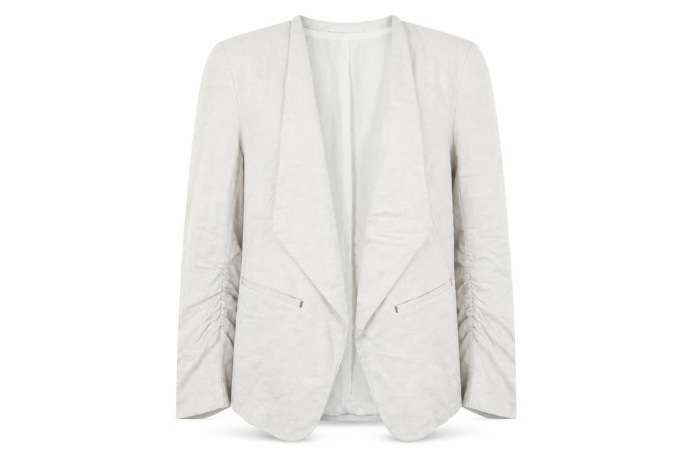 Front view of H&M Women's Beige Blazer Linen Mix, size 6, Regular Fit