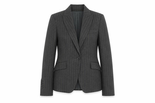 Front view of Warehouse Grey Pinstripe Women's Blazer, size 8