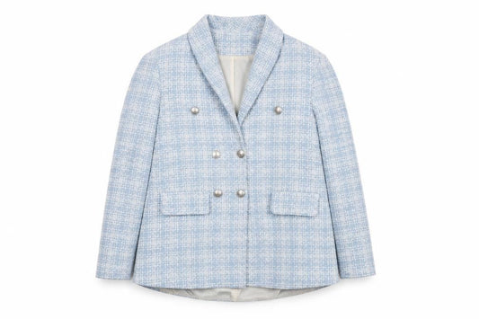 Front view of BERAT Women's Blue Bouclé Double-Breasted Blazer, size 12