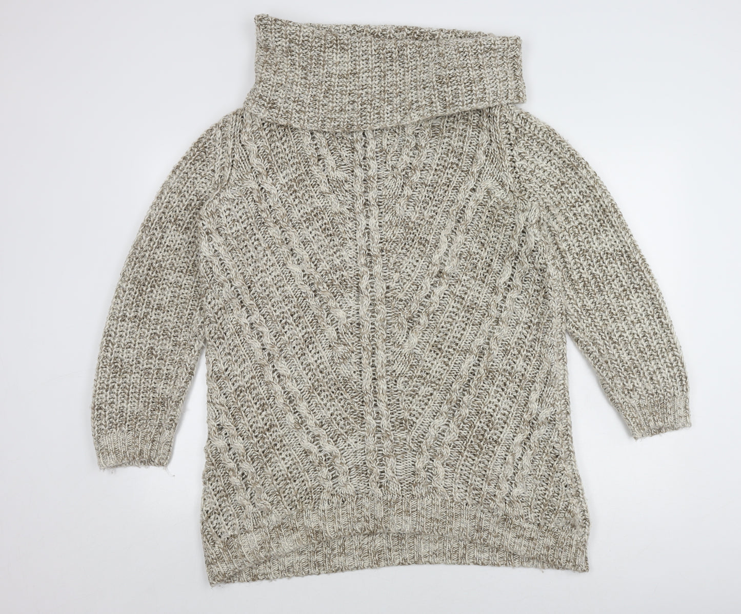 H&M Women's Beige Roll Neck Cable-Knit Jumper, M