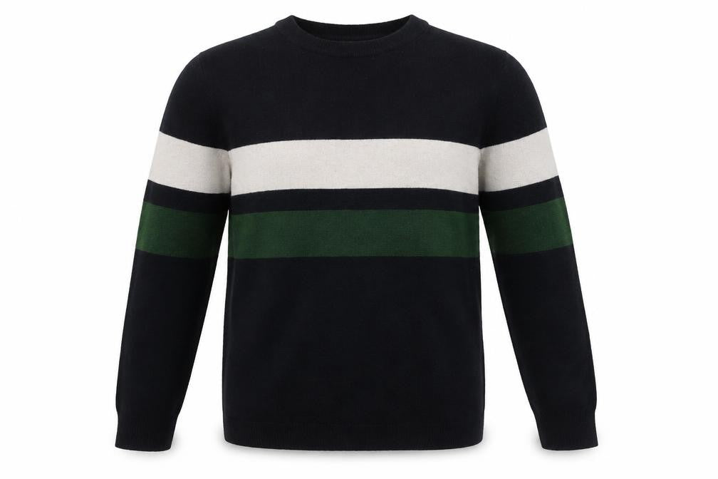 Front view of H&M Men's L Black Green Ivory Striped Pullover