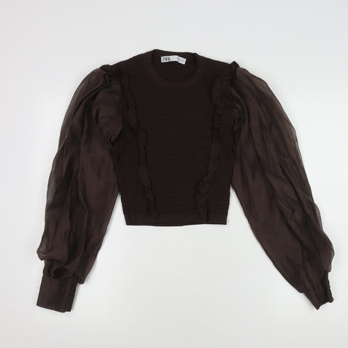 Zara Women's Brown Balloon Sleeve Ruffle Top - M
