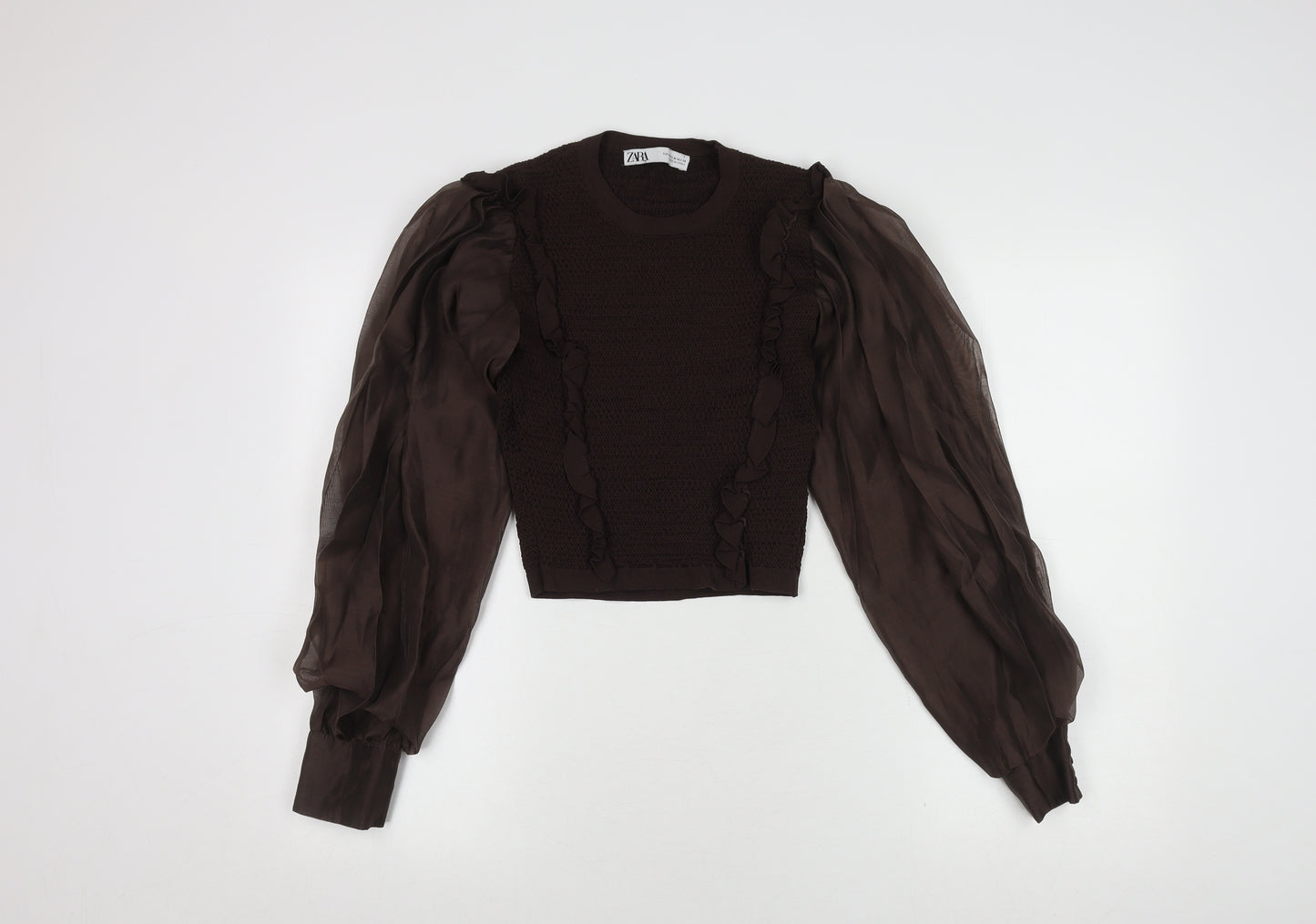 Zara Women's Brown Balloon Sleeve Ruffle Top - M