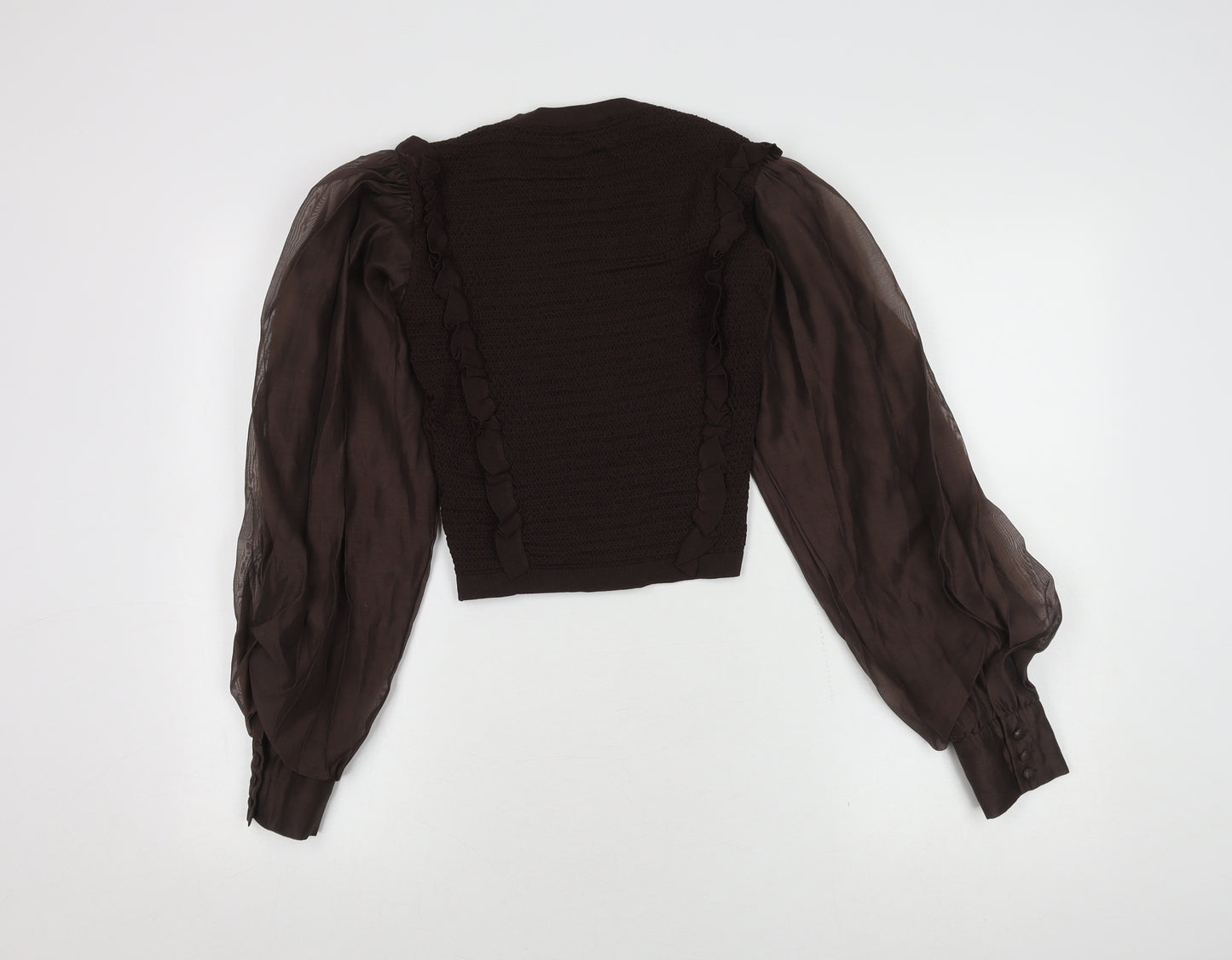 Zara Women's Brown Balloon Sleeve Ruffle Top - M