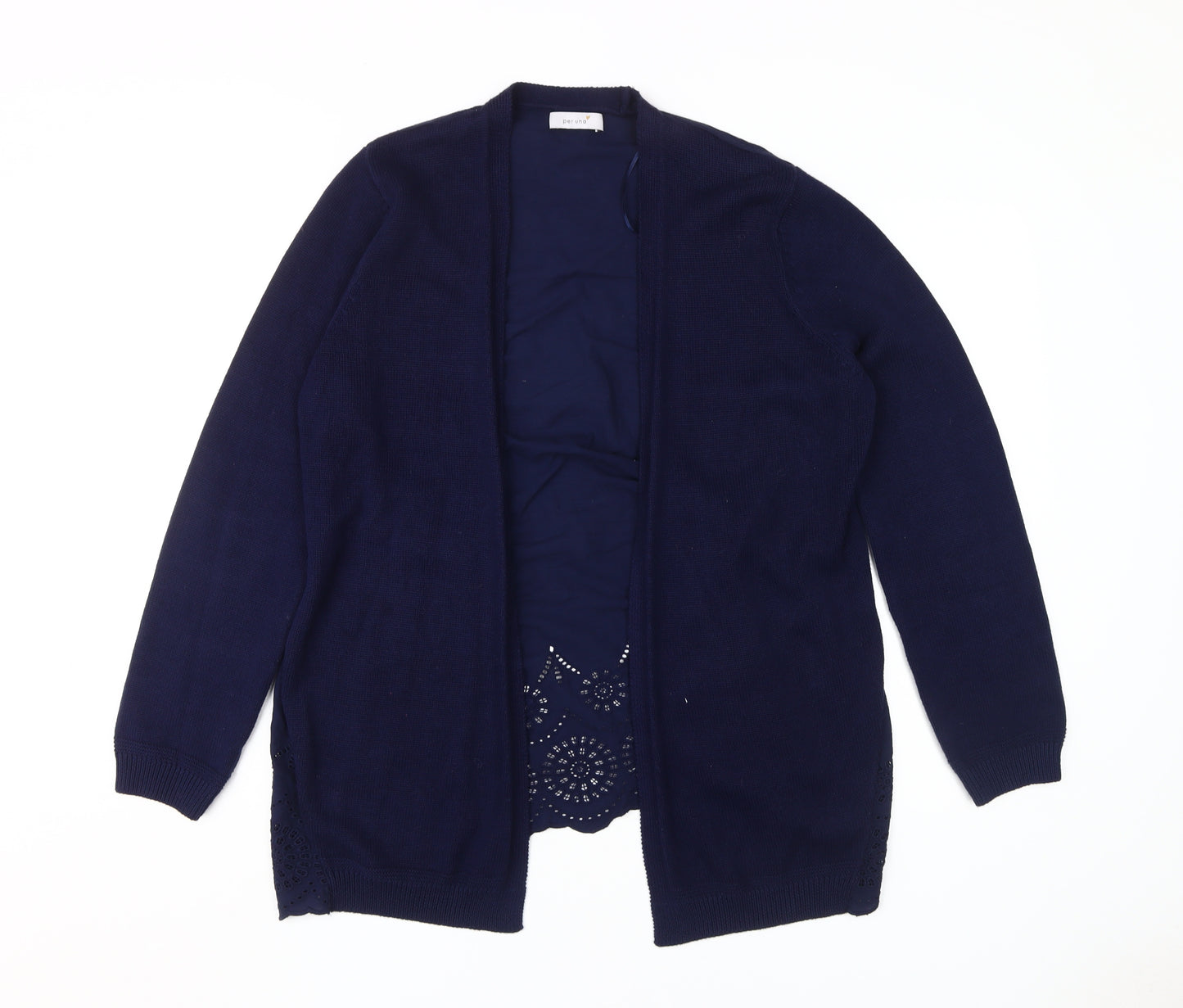 M&S Women's Blue Cardigan Size 14 Cotton Crochet Accent