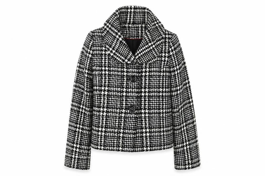 Front view of Style by EWM Women's Black White Short Tweed Coat 16