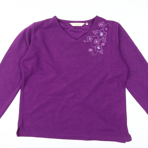 EWM Women's Purple Long Sleeve V-Neck Top M