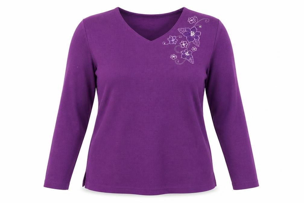 Front view of EWM Women's Purple Long Sleeve V-Neck Top M