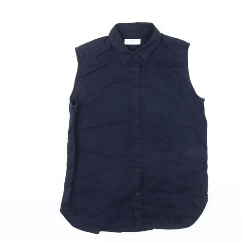Uniqlo Women's Sleeveless Blue Linen Button-Up Shirt Medium