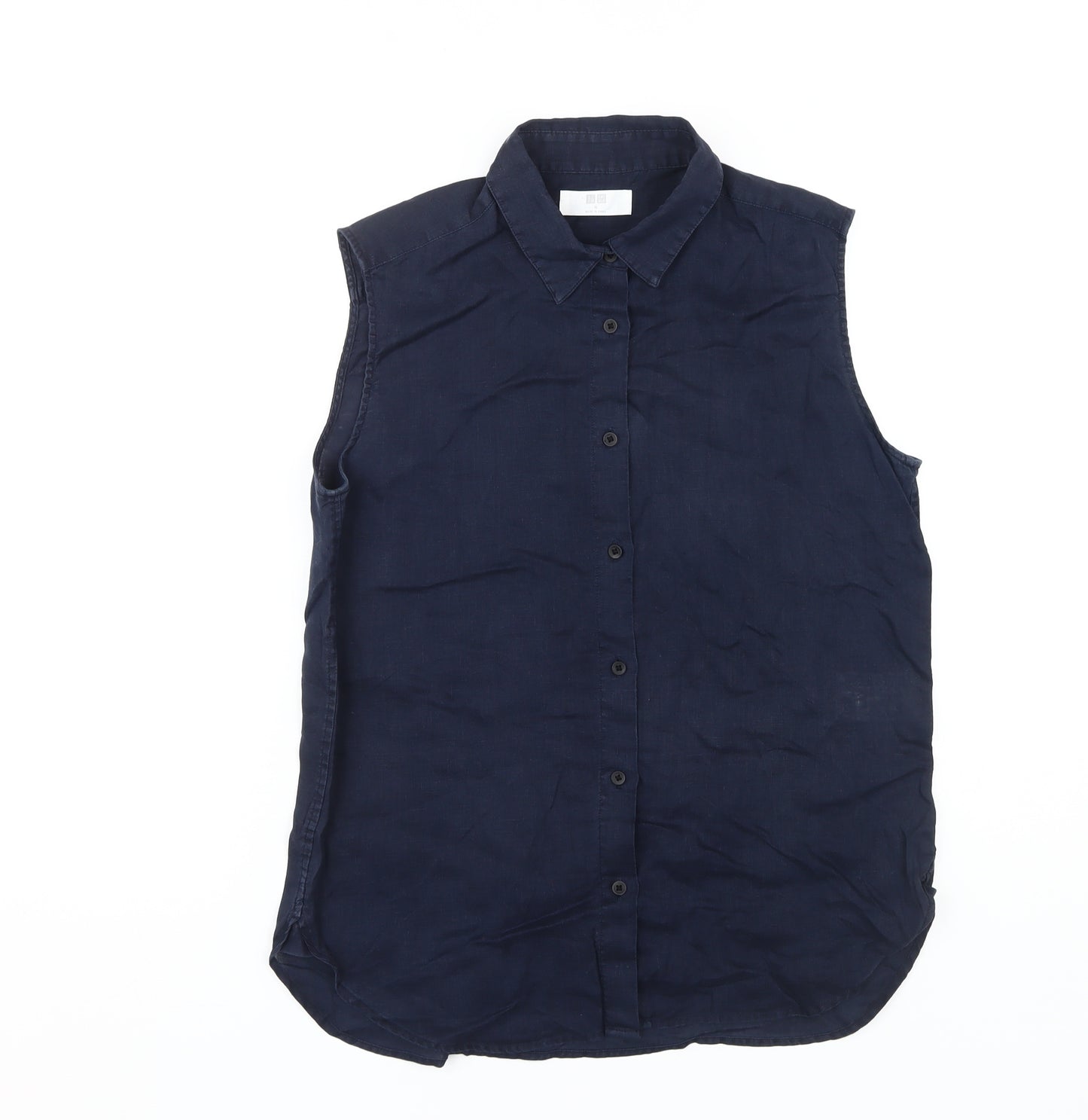 Uniqlo Women's Sleeveless Blue Linen Button-Up Shirt Medium