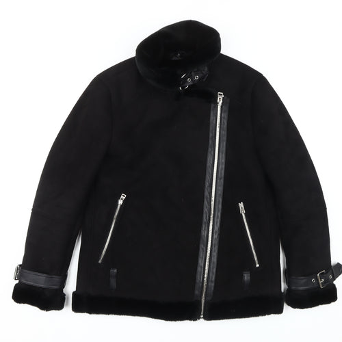 Topshop Women's Black Biker Jacket with Buckles, Size 10