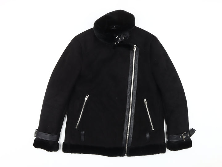 Topshop Women's Black Biker Jacket with Buckles, Size 10