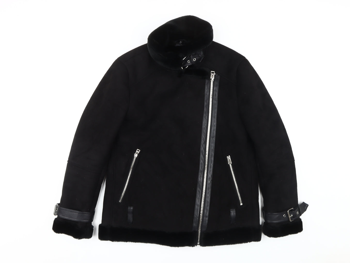 Topshop Women's Black Biker Jacket with Buckles, Size 10