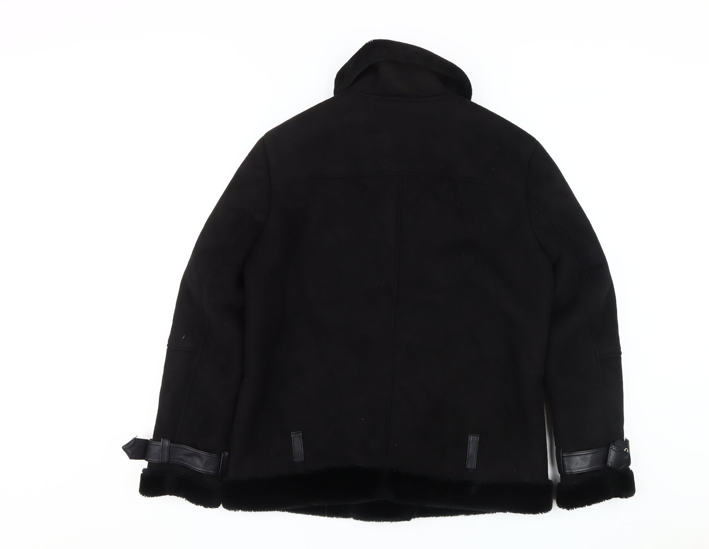 Topshop Women's Black Biker Jacket with Buckles, Size 10
