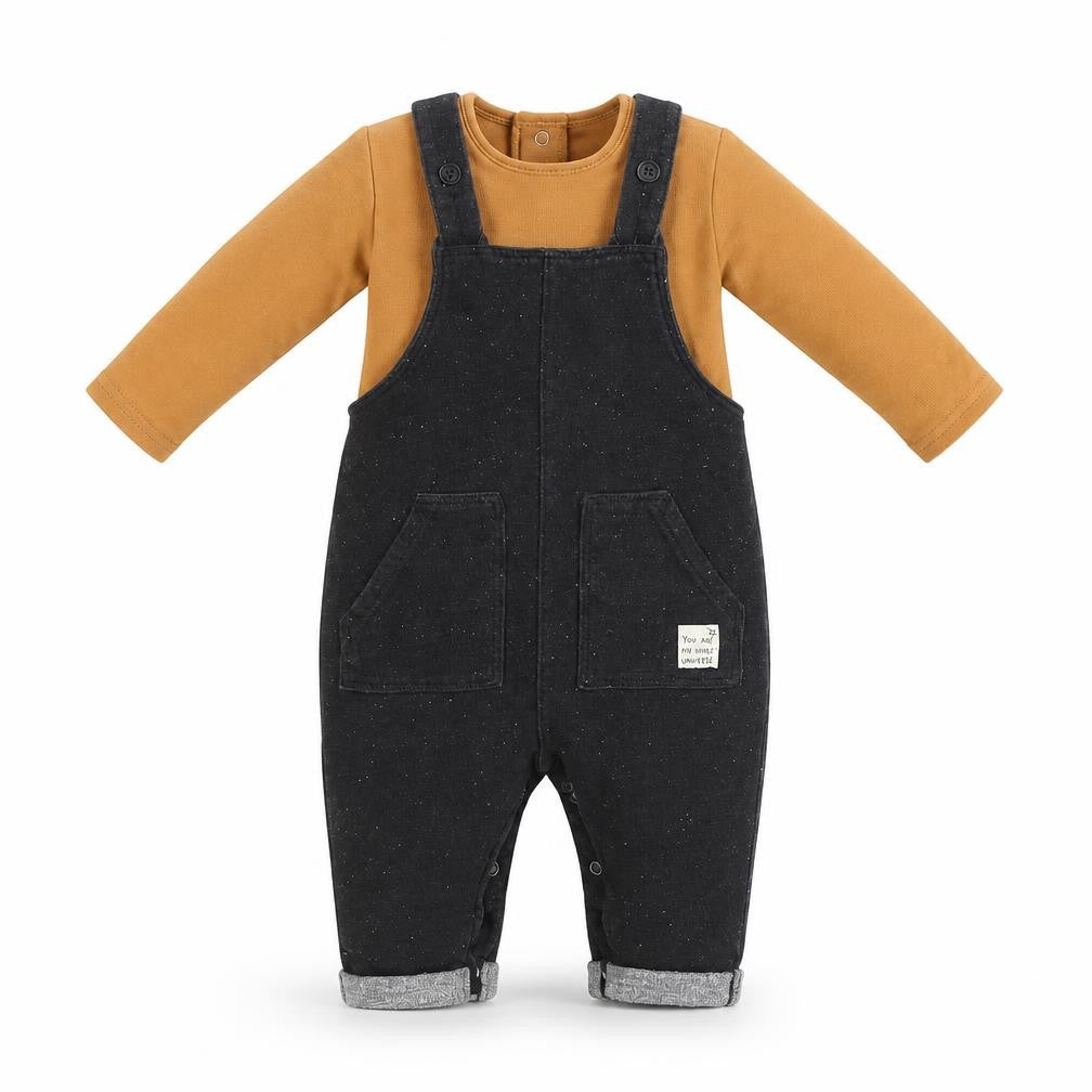 Front view of mamas & papas unisex dungaree set, 6-9 months, black/brown