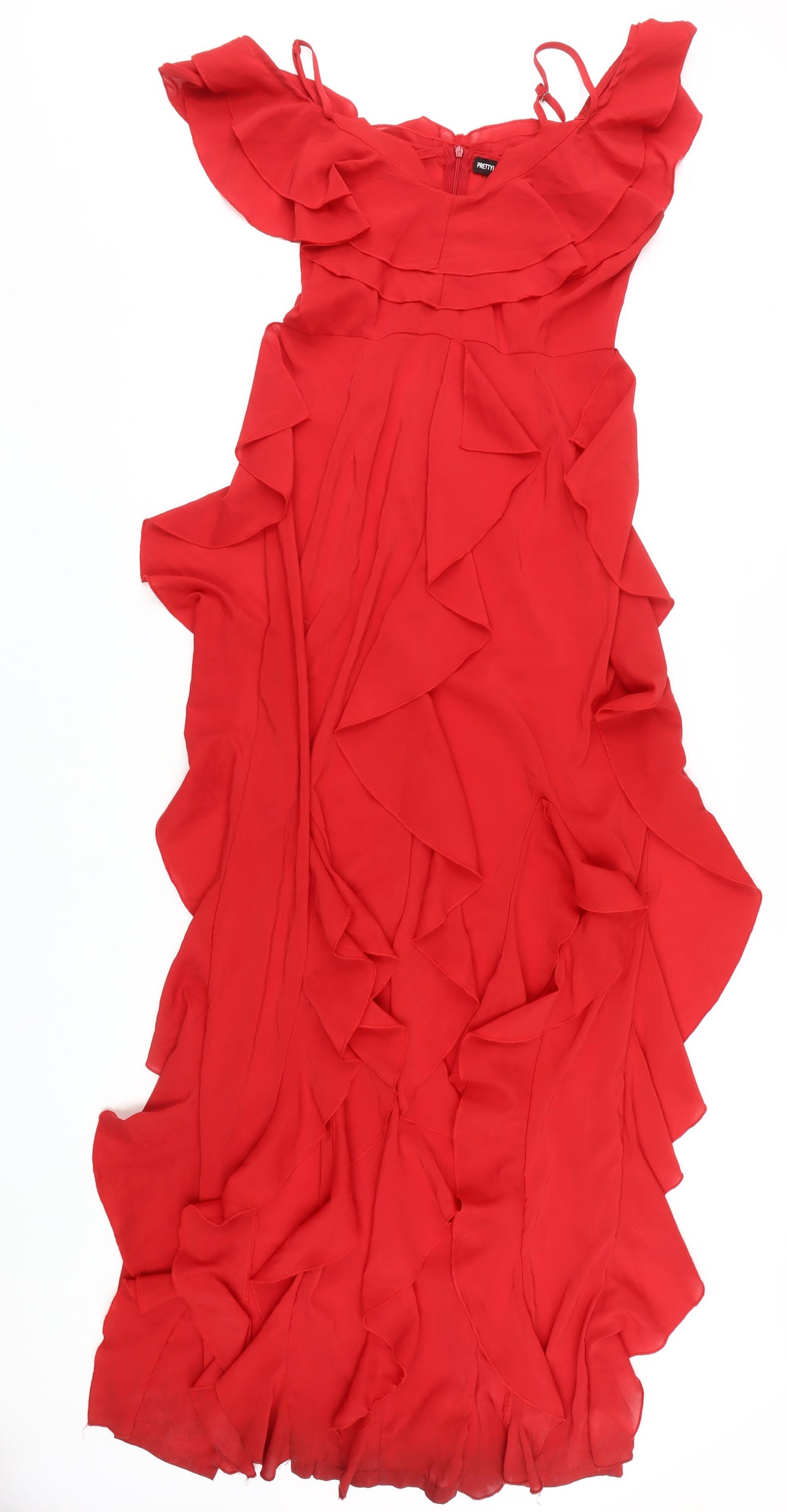 PrettyLittleThing Red Off-Shoulder Ruffled Dress - UK 10