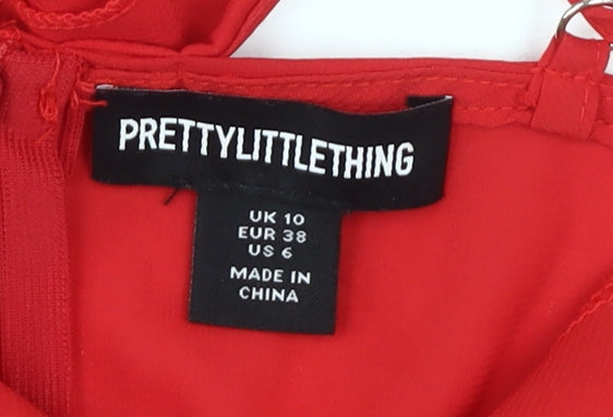 PrettyLittleThing Red Off-Shoulder Ruffled Dress - UK 10