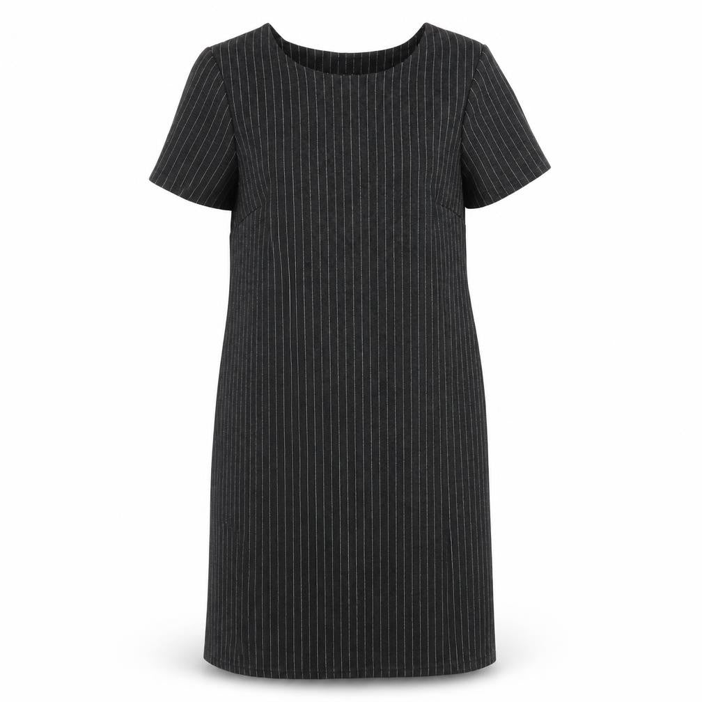 Front view of Et Vous Women's Black Striped Shift Dress, size 10
