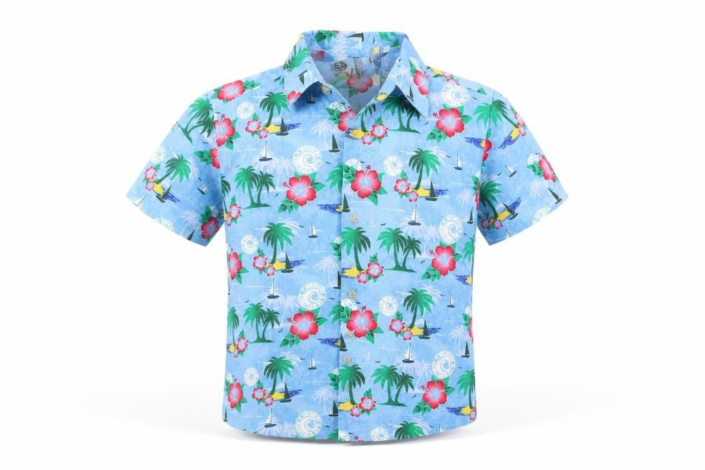Front view of Ocean Pacific boys’ blue beach graphic shirt 5-6 years