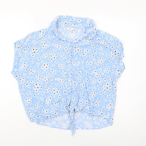 M&Co Women's Blue Petite Button-Up Floral Top