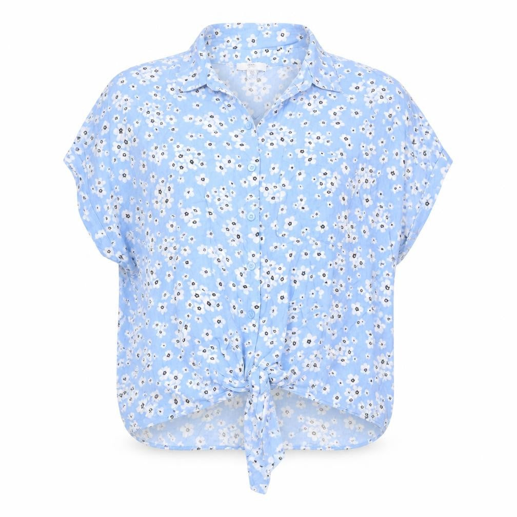 Front view of M&Co Women's Blue Petite Button-Up Floral Top